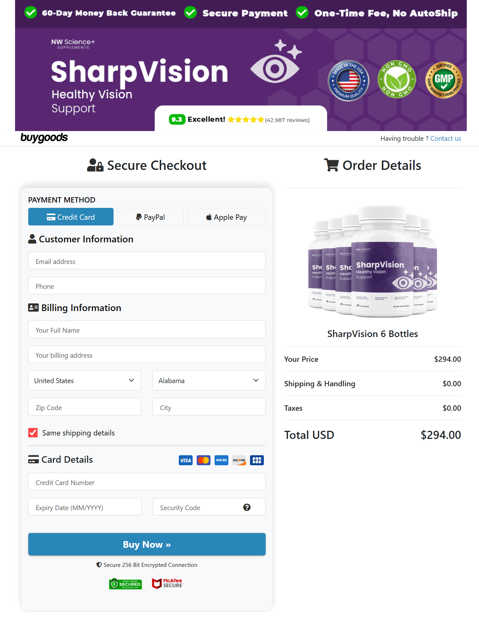 Sharpvision Checkout page